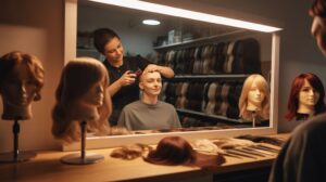 Perückenmacher rasiert Kopf