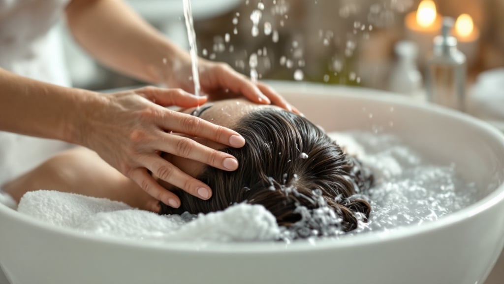 Kopfhautmassage unter warmem Wasser im Head Spa